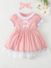 Baby Polka Dot Lace Trimed Bow Dress & Headband SHE