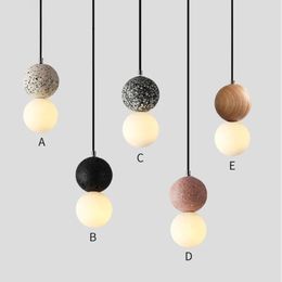 Modern Nordic Wood Glass Cement Pendant Lamps Bedroom Bedside Dining Decor Hanging Lamp LED Kitchen Luminaire Lighting