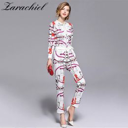 2019 Fashion Chain Printed Suit Sets 2 Piece Bow Collar Full Sleeve Shirt Top + Belt Pencil Pants Sets For Women Runway Twinsets T200702