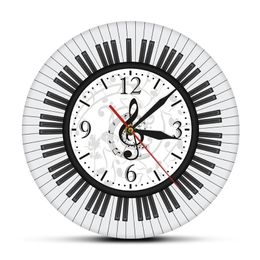 Piano Keyboard Treble Clef Wall Art Modern Wall Clock Musical Notes Black and White Wall Watch Music Studio Decor Pianist Gift LJ201204