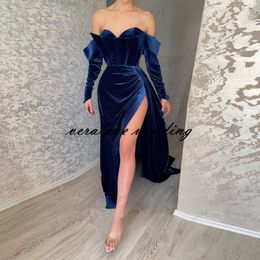 Sexy Blue Velvet Evening Dresses Long Sleeves Off the Shoulder Formal Women Mermaid Party Gowns Prom Wear