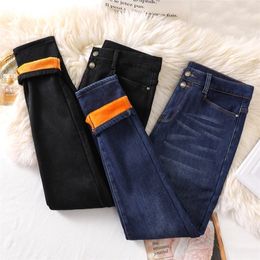 Jeans For Women High Waiste Plus Size Thick Velvet Jeans Loose Mom Denim Skinny Pants 5xl 6xl Black Blue 210203