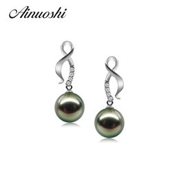 AINUOSHI 925 Sterling Silver Women Drop Earrings Black Cultured Pearl Tahiti 9.5-10mm Round Pearl Drop Earrings Silver Jewellery Y200107