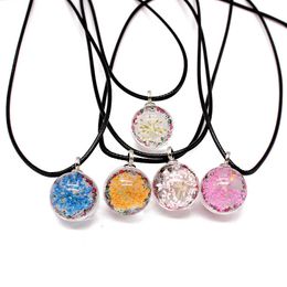 Handmade Dried Flower Glass Necklaces Colorful Glass ball Pendant Leather Rope Necklace Fashion Jewelry for Women Girls Gift