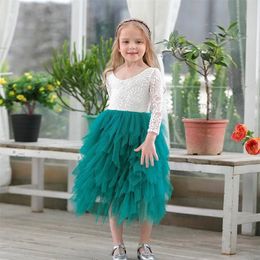 Girls Lace Dress Flower Tiered Tulle Maxi Dress Long Sleeve Princess For Wedding Party Children Clothes 1- LJ200923