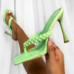 2022 Trend Weave Design High Heels Flip Flops Women Ladies Sexy Summer Slippers Elegant White Green Heels Sandals Party Shoes Y220224