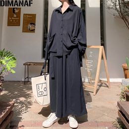 DIMANAF Plus Size Women Sets Long Sleeve Casual Female Office Lady Tops Shirts Pockets Loose Long Pants Sets Suit Solid Black LJ201120