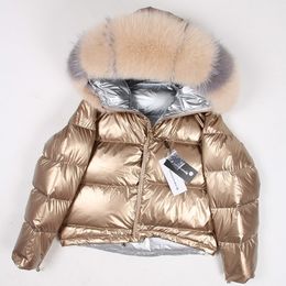 Natural fox fur collar women's winter female loose short white duck thick warm down jacket w 201029