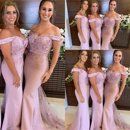 African Blush Pink Mermaid Bridesmaid Dresses Off Shoulder Lace Applique Beaded Tulle Maid of Honour Dress Plus Size Wedding Party Gowns