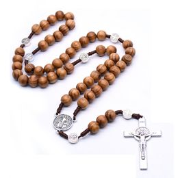 Handmade Strand Necklace Catholic Brown Wood Cross Rosary Necklace Religious Pray Jewellery