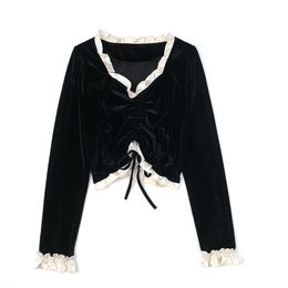 EXCELLENT QUALITY Designer Stylish Tops For Women V-neck Velvet Long Sleeve T-shirt 201125