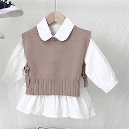 -Primavera otoño bebé niñas dulce caramelo color tejer suéter chaleco camisetas ropa conjunto niños trajes de blusa coreana 220215