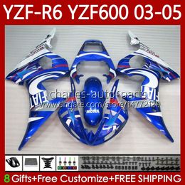 Motorcycle Body For YAMAHA YZF-R6 YZF600 YZF R 6 600 CC 03-05 Bodywork 95No.91 YZF R6 600CC YZFR6 03 04 05 Cowling YZF-600 2003 2004 2005 OEM White blue Fairings Kit