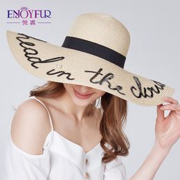 ENJOYFUR Fashion letter pearl sun wide brim summer beach hat new arrival good quality straw cap Y200714