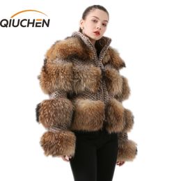 QIUCHEN PJ19017 Winter Jacket Women Parka Real Fur Coat Natural Raccoon Fur winter women Coat Bomber Jacket Streetwear 201212