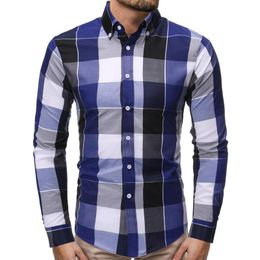 Plaid Shirt for Men Long Sleeve Slim Fit Fashion Men's Shirt Casual Dress Blouse Men Red Blue New