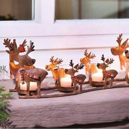 Candle Holder Wrought Iron Elk Pull Car Candlestick Retro Christmas Mother And Children's Room Deer Sleigh with 4 Candle Cup LJ201018