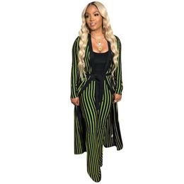 Women Stripe Sets Fashion Trend Long Sleeve Cardigan Long Coats Trousers Suits Designer Female Autumn With Sashes Loose Casual Tracksuits