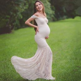 Mermaid Maternity Lace Dresses Photo Shoot Pregnant Shoulderless Pregnancy Women Clothes Summer Photography Baby Shower Dress LJ201123