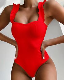 Sexy Red Ruffle One Piece Swimsuit Women Wood Ear Swimwear Push Up Monokini Bathing Suits Summer Beach Wear Swimming Suit T200708