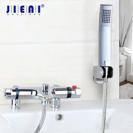 JIENI Wall Mounted Thermostatic Basin Mixer Taps Faucet Set 1 Handle Bathroom Basin Sink Chrome Brass Bathtub Faucet Shower Set T200710