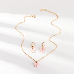 Butterfly Pendant Necklaces And Earrings Set For Women Girls Fashion Pink Gold Necklace Elegant Choker Fashion Sweet Jewellery Gift GD1122