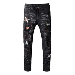 Sokotoo Men's black bird embroidered painted ripped jeans Streetwear holes patchwork stretch denim pants Skinny pencil trousers Y200116