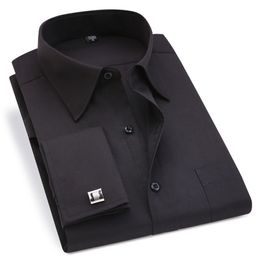 Classic Black French Cufflinks Men's Business Dress Long Sleeve Shirt Lapel Men Social 4XL 5XL 6XL Regular Fit 220216