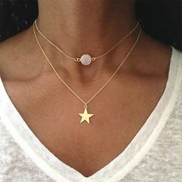 Gold Colour Star Round Pendant Necklace Double Layers Choker Necklace Jewellery