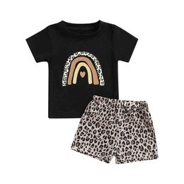 Pudcoco 2Pcs 1-6Y Infant Baby Girls Clothes Sets Rainbow Leopard Printed Short Sleeve T-Shirts Tops Shorts Clothing G220217