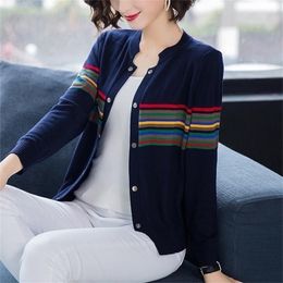 Plus Size Women Sweaters Button Short O-neck Patchwork Striped Spring Autumn Thin Casual Loose Cardigans 201221