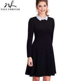 Nice-forever Vintage Classic Turn-down Neck Elegant Ladylike Charming Solid Full Length Sleeve Ball Gown Formal Woman Dress A016 201029