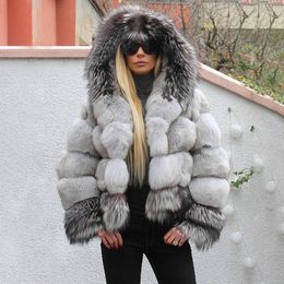 FURSARCAR Women Real Blue Silver Fox Fur Coats With Hood Patchwork Female Winter Jacket For Lady Genuine Natural Fur Hoodie LJ201203