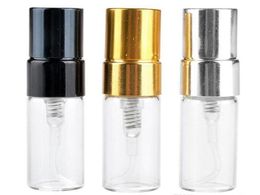 free shipping 3ML Travel Refillable Glass Perfume Bottle With UV Sprayer Cosmetic Pump Spray Atomizer Silver Black Gold Cap