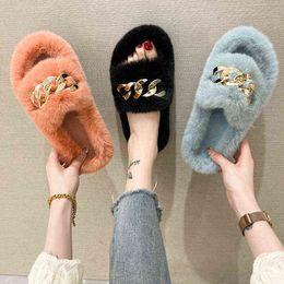 Furry Fur Slides Plush Slippers Matte Gold Chain Fluffy Flip Flops Luxury Faux Fur Slippers Slip On Flats Women's Fashion Shoes Y220214