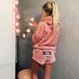 Women Coral Velvet Pajamas Set Autumn Winter Warm Pajamas Two Piece Set Sleepwear Cute Cat Meow Pattern Hoodies Shorts Set 5XL Y200708