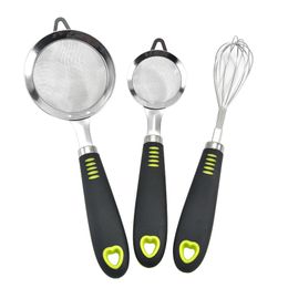 3pcs/set Stainless Fine Mesh Strainers Colander Flour Sieve with Black Handle Multi-functional Fry Food Strainer