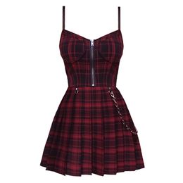 Gothic Girls Red Plaid Pleated Emo Alt Dress Y2K Zip Up Robe Femme Punk Black Spaghetti Strap Mini Short Jurken Goth Streetwear 220121