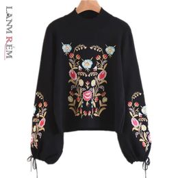 LANMREM autumn winter embroidery pullover vintage lantern sleeve sweater o-neck loose kintting tops for female YJ723 210203