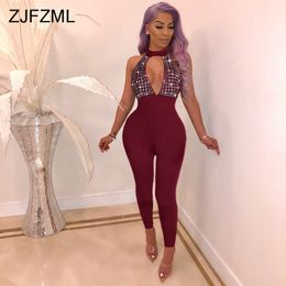 Glitter Rhinestones Sexy Jumpsuits For Women Off The Shoulder Backless Bodycon Romper Elegant Hollow Out One Piece Party Overall T200107