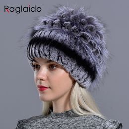 natural fur hats for women winter knitted rabbit rex hand sewn real fur warm floral elegant girls fashionable stylish hat Y200102