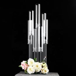 For Led candle)Table decoration Centrepieces 9 arm taper candleholder tall clear acrylic crystal base tubes wedding candelabra sale used senyu638