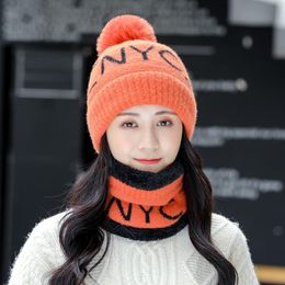 New Fashion Letter Knitted Beanie Hat Scarf Caps Winter Women's Hats 2 Pieces Sets Thick Warm Skullies Beanies Female Cap Bonnet