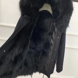 Black fox fur liner mini Washed shell black jackets Mukla furs brand black fur lined women snow parka