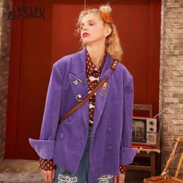 ELFSACK Purple Solid Double Breasted Korean Blazer Women Jacket Autumn ELF Pure Causal Feminism Oversize Daily Outwears 201201