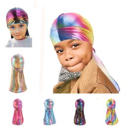 3-8Y Kids Holographic Durag Children's Laser Colour Doo Rag Hats Silky Wave Cap Designers Pirate Hat Party Beach Caps Visor Gifts G12207