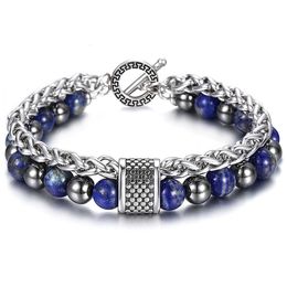 8MM Double Layers Stone Beaded Bracelet for Men Boys Lapis Lazuli Hemitate Metal Lava Stone Stainless Steel Cable Chain TBX00109 Y200730