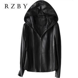 RZBY Women 100% Real Sheepskin Coat Hooded jacket spring fashion Genuine Leather Jackets Chaqueta Mujer Top Quality 201029