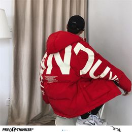 Privathinker Thick Warm Men Winter Jacket Parka Casual Loose Harajuku Mens Oversized Parkas Coats Hooded Print Red Clothes 201120