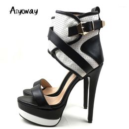 Dress Shoes Women Lady Peep Toe Platform High Heel Sandals Ankle Buckle Caged Aiyoway Fashion Summer Spring Party Black White